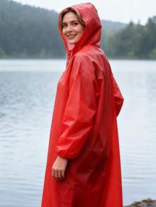 1pc Thick Hooded Raincoat, Waterproof Jumpsuit Rain Jacket For Men And Women, Plus Size Couple Rainwear - Red - View 4