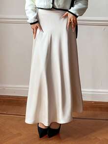 DAZY 纯色高腰A字裙，女士优雅拉链长款常规版型香槟色素面女裙，春秋季，休闲日常穿着，时尚百搭 - 香檳色 - 查看 2