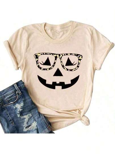 Nuevo producto Disfraces de Halloween para mujeres, divertidos camisetas de calabaza impresas - 100% algodón, camisetas lindas, tops con gráficos de fantasmas, regalo de moda de otoño - unisex para mujeres y hombres, uso diario en festivales, sueltos y cómodos