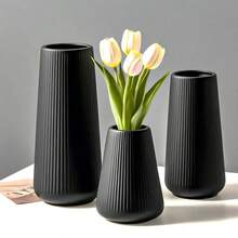 3个现代T型北欧风塑料花瓶，黑白两色，表面有纹理，防碎，多种尺寸（24.89/20.07/13.97厘米），适用于客厅、餐桌，可插鲜花、郁金香或人造花，家居装饰礼品 - 彩色 - 查看 2