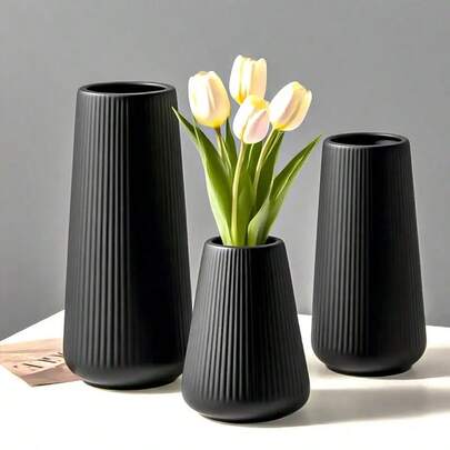 3 Stücke moderne T-förmige nordische Stil Plastikvasen, weiß und schwarz, strukturiert, bruchsicher, verschiedene Größen (24,89/20,07/13,97 cm), geeignet für Wohnzimmer, Esstisch, können frische Blumen, Tulpen oder Kunstblumen aufnehmen, Heimdekoration Geschenk