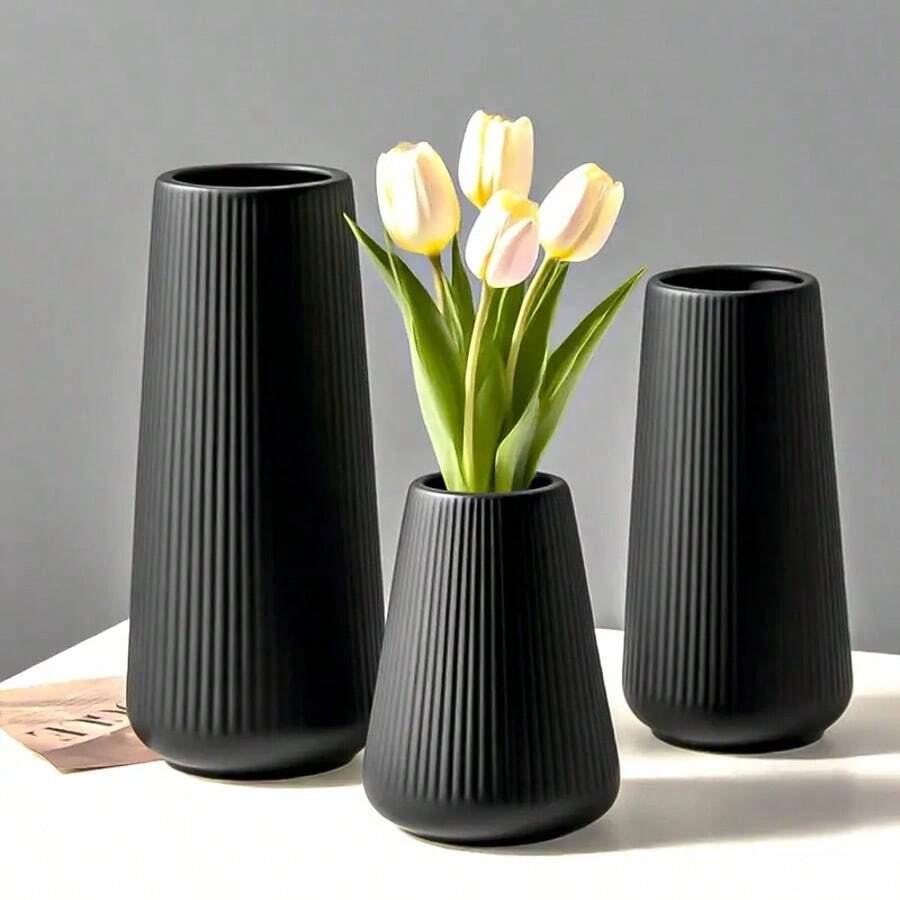 3个现代T型北欧风塑料花瓶，黑白两色，表面有纹理，防碎，多种尺寸（24.89/20.07/13.97厘米），适用于客厅、餐桌，可插鲜花、郁金香或人造花，家居装饰礼品