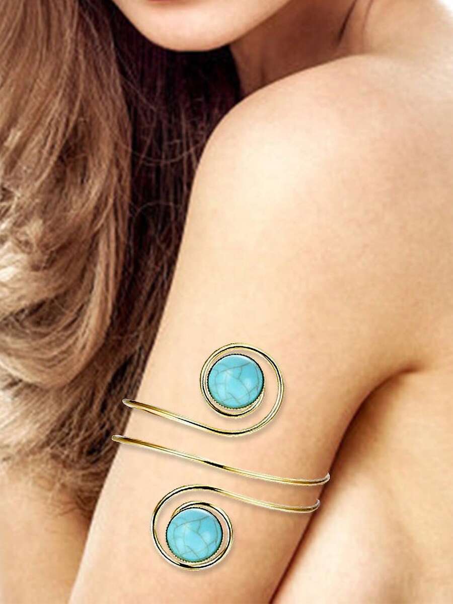 1 pieza Brazalete de mujer en espiral dorado con acentos de turquesa verde, minimalista y de moda, personalizado, adecuado para uso diario de mujeres en verano