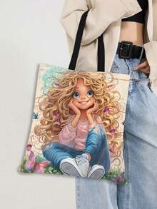 4 piezas, Bolso de tela con impresión de niña de cuento de hadas vintage y estilo caprichoso, de doble cara, bolso de compras con estampado de dibujos animados, estilo bohemio y académico, ideal para regalos de Otoño, Acción de Gracias y Pascua, adecuado para uso diario, picnics, vacaciones en la playa, trabajo y escuela, 16in*14in