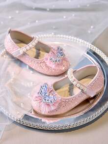 1 双女童软底闪亮蝴蝶水钻公主鞋，时尚百搭，适合日常穿着和装扮 - 粉色 - 查看 4