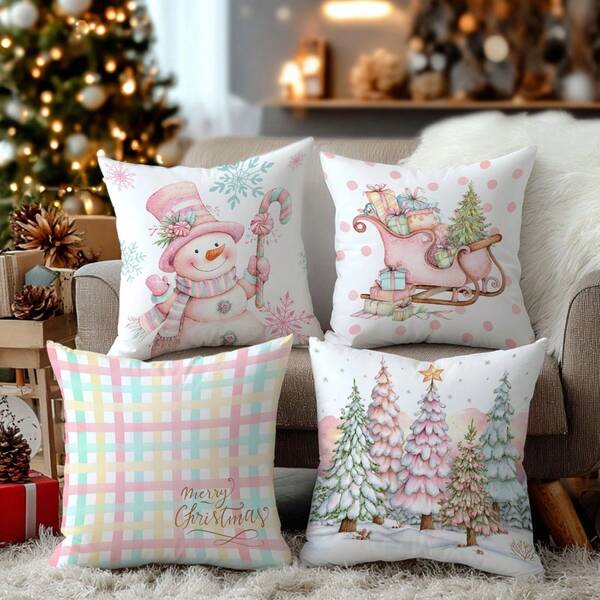 4pcs Christmas Plaid Snowman & Christmas Tree Decorative Pillow Cover Set, Single-Sided Printed Peach Velvet Polyester Material, 45*45CM Cushion Cover For Modern Fabric Sofa Indoor Decor, Party Decoration, Gift