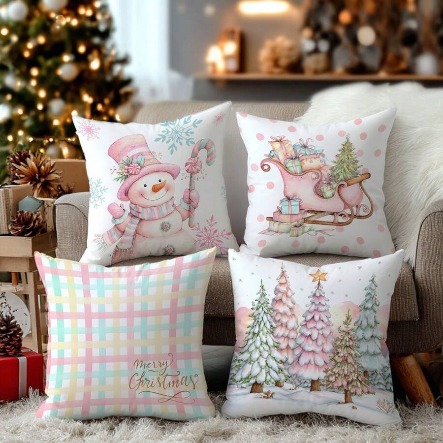 4pcs Christmas Plaid Snowman & Christmas Tree Decorative Pillow Cover Set, Single-Sided Printed Peach Velvet Polyester Material, 45*45CM Cushion Cover For Modern Fabric Sofa Indoor Decor, Party Decoration, Gift
