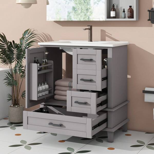 Mobile Bagno Compatto, Armadio Ad Alcova Con Lavello Ceramica, Scaffale Antenna Laccato Cassetti Silenziosi, Organizzatore Bagno, 76x46x83,5cm, Grigio