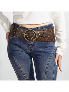 1pc/2pcs Set Vintage Western Style Metal Buckle Rivet Hollow Waist Belt, Fashionable Accessory For Dress