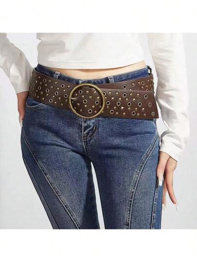 1pc/2pcs Set Vintage Western Style Metal Buckle Rivet Hollow Waist Belt, Fashionable Accessory For Dress