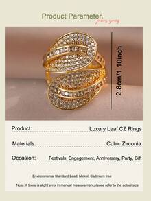 1 chiếc nhẫn hình lá nhiều lớp sang trọng đính đá Cubic Zirconia, phụ kiện trang sức cưới thời trang lấp lánh, có thể điều chỉnh kích thước, phù hợp cho phụ nữ đeo hàng ngày, đi du lịch và nhiều dịp khác nhau. - Vàng - Xem 4