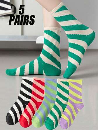 5 双时尚百搭拼色条纹抗菌吸湿排汗舒适透气女士休闲中筒袜，适合户外、居家、日常穿着、派对等