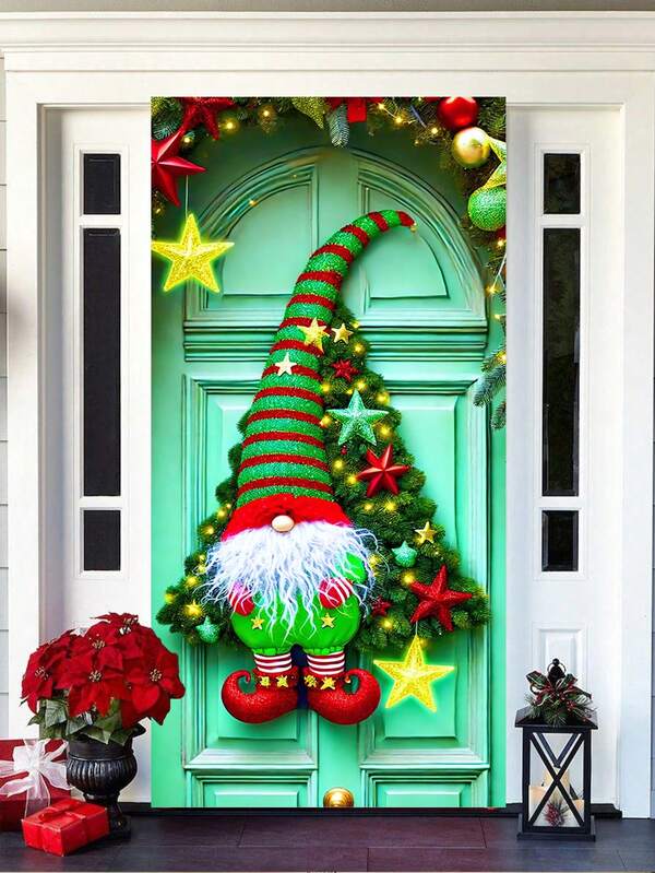 1 Pc Christmas Gnome As Christmas Tree With Stars & Lights Door Banner, Charming Style Polyester Door - Shaped Hanging Flag With Exquisite Star, Ornament & Wreath Details, Reusable & Lightweight For Porch, Entryway Decor, Ideal For Christmas Season, Family Gatherings & Holiday Ambiance Creation