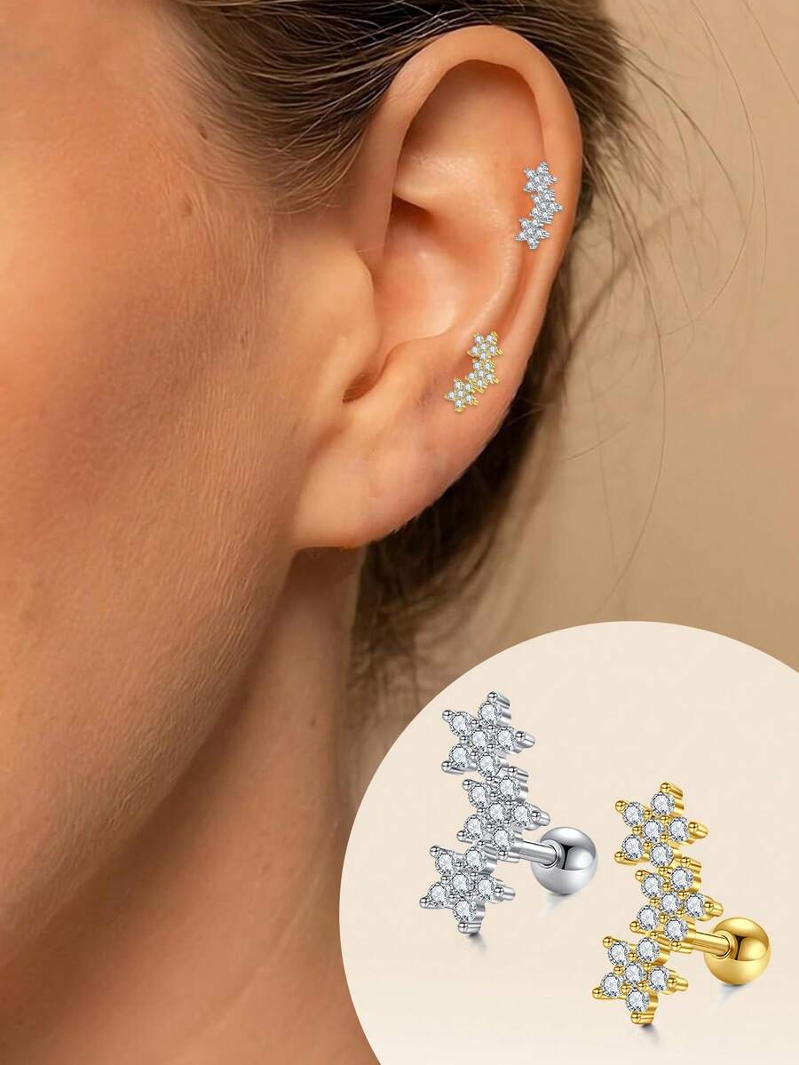 TOKRING 1pc Earrings Studs Thread Ear Studs Stainless Steel Cartilage Helix Earring Stud For Women, Flower Star Shaped 16G Gold Ear Piercing Jewelry - Ear Stud - View 1