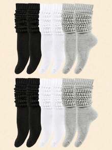 1/3/6 Pairs Women's Autumn/Winter Warm Oblique Collar Knit Socks, Simple Solid Color Oblique Collar Socks, Women's Thick Collar Socks, Unisex Round Collar Socks, Plush Socks In Black, White And Gray, Comfortable, Breathable, Fashionable, Perfect For Hiking, Back To School, Halloween And Christmas Gifts, Cozy Socks