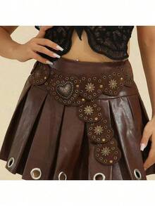 1pc Women's Retro Western Vibe Metal Patchwork Heart Shaped Waist Belt, Y2K Baddie Vintage Niche Aesthetic Leather Belt With Butterfly Chain Decor