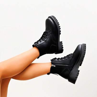 Women's Thermal Lined Mid-Calf Boots, New Autumn/Winter Solid Color Patchwork Mid-Calf Boots, 4cm Chunky Heel Flat Boots, Front Lace-Up + Side Zipper + Side Decorative Button Design, Fashion Boots