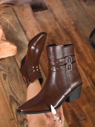 Women's Fashionable Brown Mid-Calf Boots, Autumn/Winter Chunky Heel Short Boots, Casual Vacation Office Metal Buckle Decor Side Zipper Square Toe Thick Heel Ladies Winter Boots, Commute Comfortable Women Nude Boots, Western Style Party