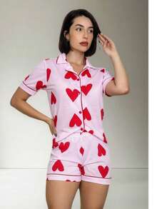 American Adult Women's Pajamas With Buttons Open Short Doll Blogger Short Premium Mesh Breastfeeding Shirt With Collar - Hồng - Xem 2