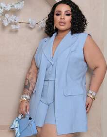 Women's Premium Plus Size Double Vest And Short Set - Azul Claro - View 5
