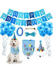 1 set de kit de decoración de fiesta de cumpleaños para mascotas, incluye banner de cumpleaños, gorro de cumpleaños, globos con estampa de patita, babero y moño, adecuado para celebración - azul real - Ver 14