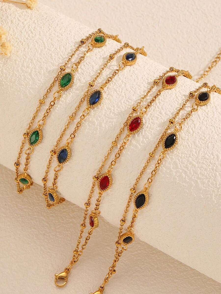 1 件女士多层锆石不锈钢手链，18K 镀金钻石首饰，高端配饰 - 彩色 - 查看 1