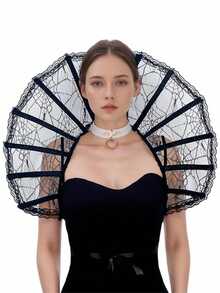 Halloween Medieval Retro Queen Vampire Shawl Headwear Cosplay With Skeleton Black Lace Cape Collar Cosplay Costume Accessories, Polyester