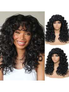 Synthetic Heat Resistant Wigs Bouncy Curls Wigs With Bangs Copper Ginger 20 Inch Natural Black Wig Bangs Wig Daily Used Easy To Wear Beginner Friendly Big Bouncy Fluff Curly Wigs - 1B - Xem 3