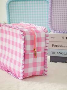 Personalized Embroidered Makeup Bag For Girls, Custom Name Gingham Toiletry Pouch With Cute Ruffle Trim, Soft Pastel Travel Cosmetic Organizer, Lightweight Large Capacity Storage Bag, Ideal Gift For Friends, Bridesmaids, Or Christmas