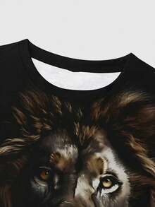 男士狮子图案印花 T 恤，休闲短袖圆领 T 恤，男士夏季户外服装 - 彩色 - 查看 2