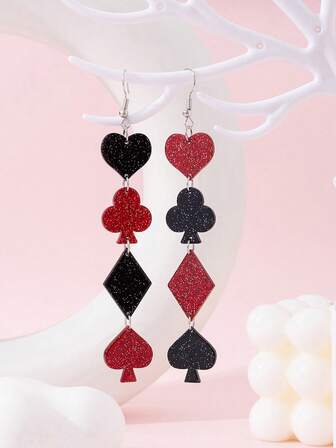 1 Pair Of Acrylic Playing Cards, Plum Blossom, Peach Square Symbol String, Women's Earrings, Suitable For Daily And Party Matching