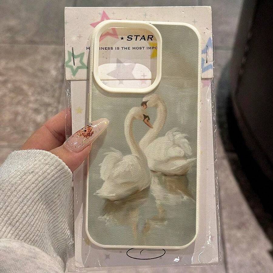 1pc TPU Material Elegant Vintage Lake Swan Pattern Phone Case Compatible With Apple/Compatible With Redmi/ 17 Pro Max Phones,International Version, Not The Domestic Version - White - View 1