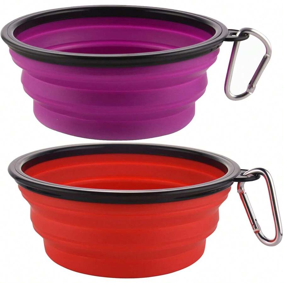 Large Collapsible 34oz Travel Dog Water And Food Bowls, Portable Foldable Dishes With Carabiner Clip, 2 Pack (Purple+Red) - 34盎司-紫色&紅色 - 查看 1