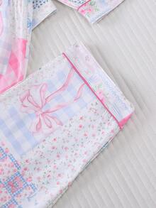 2pcs Casual Bow Plaid Allover Print Cute Sleepwear Set For Women, Comfortable Long Sleeve Collar Top And Elastic Waist Pants, Suitable For Holiday Party, Loungewear For All Seasons, Fall & Winter Clothes - 粉色 - 查看 8