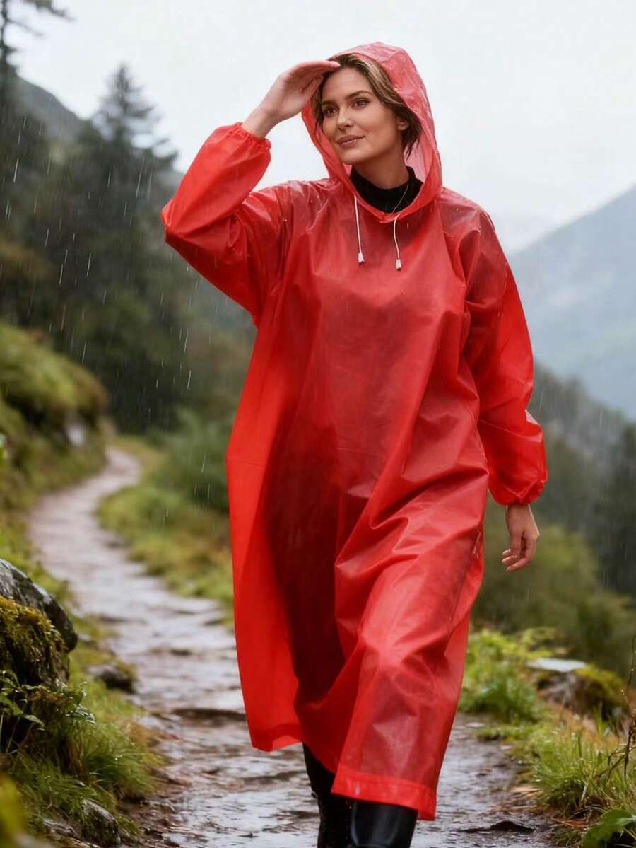 1pc Thick Hooded Raincoat, Waterproof Jumpsuit Rain Jacket For Men And Women, Plus Size Couple Rainwear - Red - View 1
