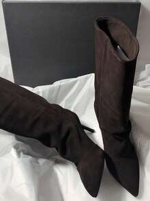 Fall/Winter Slimming New Retro Suede Leather Pointed Toe High Heel Slip-On Mid-Calf Boots,Kitten Heels