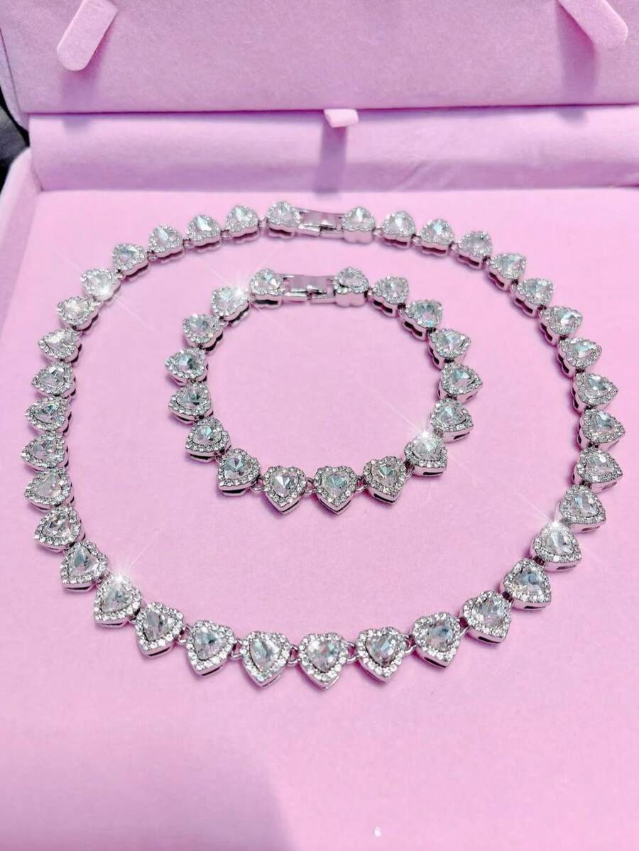 1pc/2pcs Rhinestone Heart Chain Jewelry Set, Sparkling Necklace & Bracelet, Romantic Gift For Women, Silver Necklaces For Women Girlfriend & Lover Chain Necklaces Christmas Jewelry For Women Stocking Stuffers Thanksgiving Christmas Decoration Matching Bracelets - Amour Heart - 查看 1