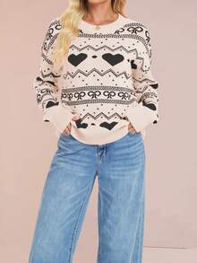 Womens Sweaters  Heart Pattern Tops Long Sleeve Shirts Fall Outfits Early Fall Fashion Winter Clothing - 杏色 - 查看 2