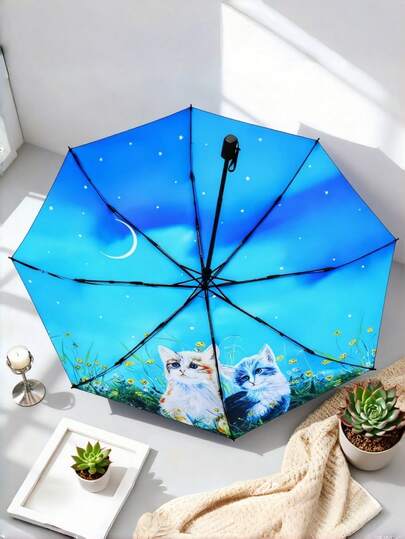 Guarda-chuva Dobrável Portátil Ultralight com Gato e Lua, Essenciais de Viagem, Esqueleto de Alumínio, Revestimento Fofo de Vinil, Proteção UV à Prova de Chuva, Presente, Proteção Solar para Homens e Mulheres