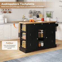 132cm Mobile Kitchen Table, Country Style, Folding Worktop, Multifunctional Cabinet, Drawer, Spice Rack, Towel Holder, 5 Rolls, Integrated Socket, Kitchen/Dining Room/Home - Natural+Black + MDF + Kitchen - View 3