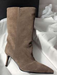 Fall/Winter Slimming New Retro Suede Leather Pointed Toe High Heel Slip-On Mid-Calf Boots,Kitten Heels,Stiletto Heels - Khaki - View 6