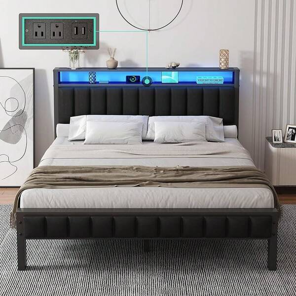 Merluxy LED Platform Bed Frame With 2-Tier Storage Space And Charging Station, Faux Leather Bed With Noise-Free Design, No Box Spring Needed, Black