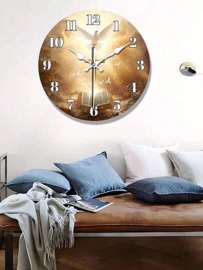 Horloge murale chrétienne avec blanc et croix - Horloge analogique silencieuse sans tic-tac, grande et facile à lire pour la maison, l'église, le bureau - Aiguilles dorées et cadran marron - Construction en bois durable