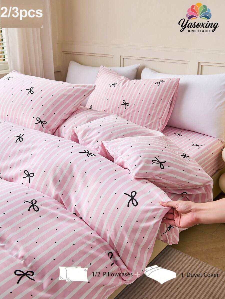 Juego de ropa de cama de 2/3 piezas con estampado de rayas y lazos rosas (1 funda nórdica + 1/2 fundas de almohada, sin relleno incluido), moderno, romántico, elegante y clásico, de fibra de poliéster cómoda y transpirable para todo el año, para decoración de dormitorio, estilo de hotel de lujo, estilo de niña, regalo para mamá, papá o amigo, funda de edredón/nórdica*1 funda de almohada*1/2 tamaño King, Queen, Full o Twin para dormitorio universitario