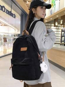 Minimalist Large Capacity Backpack For Women, Solid Color, Functional Corduroy Backpack With Letter Patch, Large Capacity, Lightweight And Portable, Perfect For Teens, Women, Students - Black - View 7