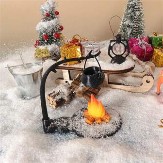 7 件圣诞装饰雪橇户外露营篝火吊炉迷你娃娃屋雪景微缩场景圣诞装饰套装