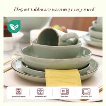 HomeVss Eur-Nordic Shape Raising Rim 20pc Dinnerware Set, Shiny Glaze Green With Speckle Effect - 綠色 - 查看 4