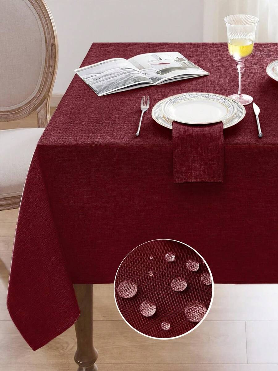 1 pieza Mantel rectangular de lino artificial grueso, a prueba de salpicaduras y resistente a las manchas, de varios tamaños, unicolor, estilo granja, lino grueso resistente a desgarros y duradero, adecuado para comedor, brunch, granja, fiesta, buffet y otras ocasiones - Burdeos - Ver 1