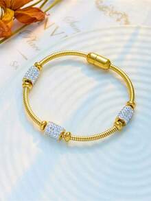 1pc Stainless Steel Magnetic Oval Bracelet, Unique & Versatile, Suitable Everyday Wear - 黃金 - 查看 5