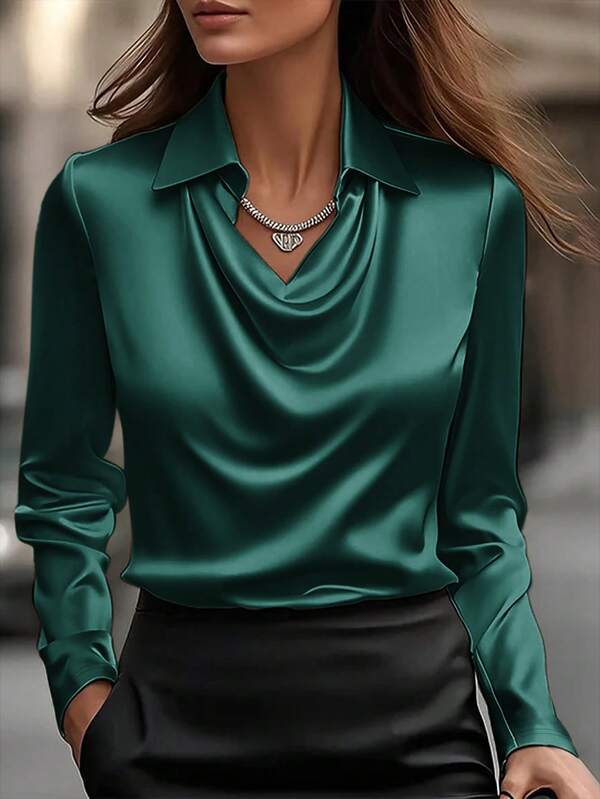 Elegancka satynowa koszula z dekoltem w serek – stylowa bluzka z długim rękawem dla kobiet, odpowiednia na co dzień i do eleganckiego biura, jedwabna koszula jesienna